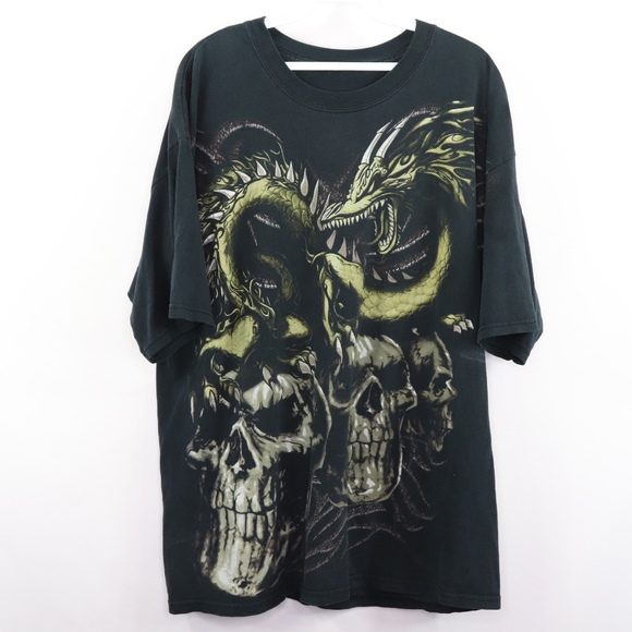 Vintage Skull Graphic Distressed Tshirt Skeleton Dragon
